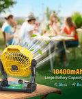 Solar Powered Camping Fan With Led Lantern 7W Panel 10400mAh Rechargeable Battery Quiet Outdoor Tent Fan on picnic table