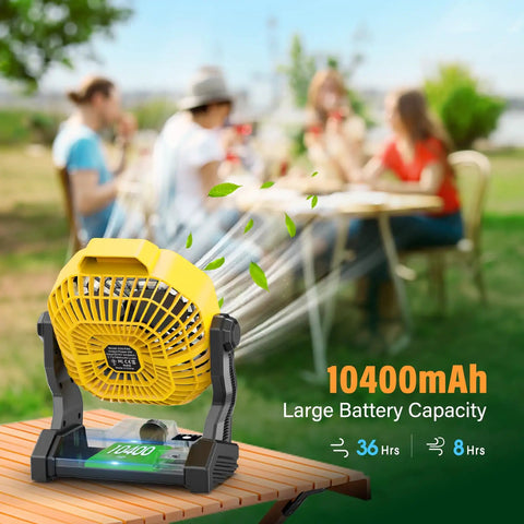 Solar Powered Camping Fan With Led Lantern 7W Panel 10400mAh Rechargeable Battery Quiet Outdoor Tent Fan on picnic table