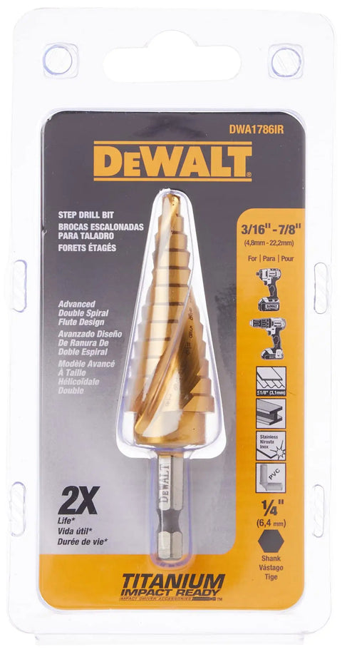 Impact Ready Titanium Nitride Step Drill Bit 3/16 To 7/8 Inch With 2 Flute Spiral Split Point for Fast Start packaging