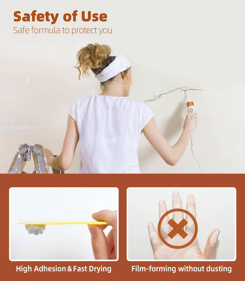 Woman repairing wall crack with Two Pack Wall Patch Repair Kit For Quick Hole And Crack Fix, includes tools and paste