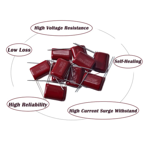 Metallized Polypropylene Film Capacitor Assortment Kit 400V includes capacitors, labeled features: high voltage resistance, reliability.