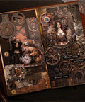 Vintage Steampunk Gears Paper Kit With Embossed Textures For Junk Journals And Card Making, 28 Sheets Across 14 Styles Including Ephemera For Collage, Decoupage And Handmade Crafts visible in junk journal pages with intricate steampunk designs.