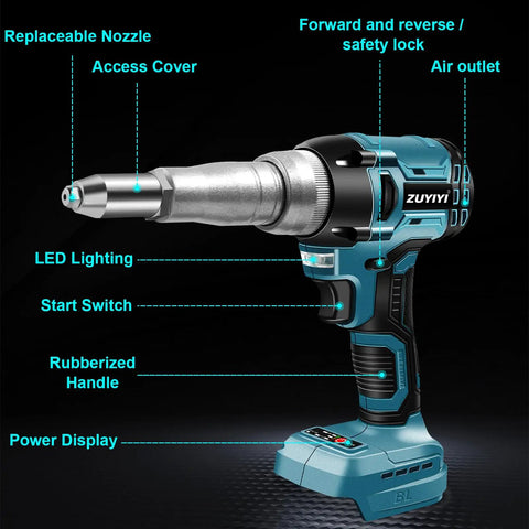 Zuyiyi Cordless Electric Rivet Gun For Makita 18V Battery Bare Tool with replaceable nozzle and rubberized handle