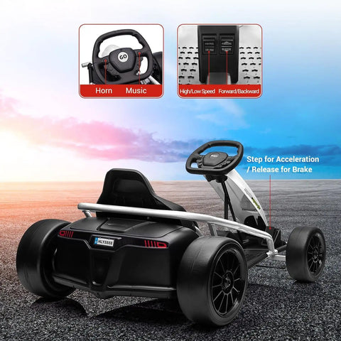 Rear view of Teen Go Kart With 24V 9Ah Battery Dual 300W Motors Extra Powerful Up To 8 MPH Drifting Fun With Music Horn Outdoor Ride