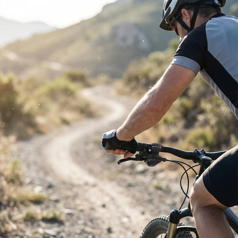 Cyclist using 7 Speed Right Thumb Bike Shifter For Smooth Gear Changes on mountain trail, close-up showing gear indicator.