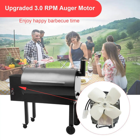 Upgraded 3.0 RPM Auger Motor Hella Reliable For Traeger Pit Boss Camp Chef Wood Pellet Grills next to people enjoying a barbecue.