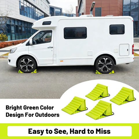 No Hassle 4 Pack Wheel Chocks For Travel Trailers And Campers Dual Wheel Stopper Set With Non Slip Base under RV wheels