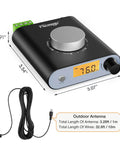 S5000 FM Radio Receiver With Si4730 Chip, Bluetooth And AUX In, Pro-Grade Tuner; shows dimensions and outdoor antenna
