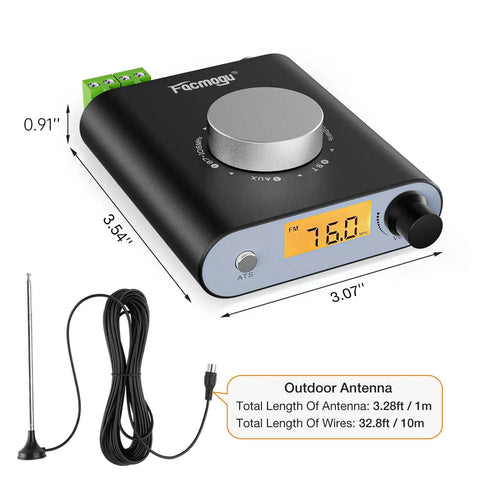 S5000 FM Radio Receiver With Si4730 Chip, Bluetooth And AUX In, Pro-Grade Tuner; shows dimensions and outdoor antenna