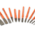 Extended Length Punch and Chisel Set for Metalworking and Carpentry, Pro Grade 12 Piece With Striking Cap shown in orange color coding.