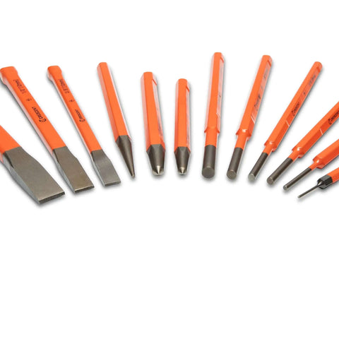Extended Length Punch and Chisel Set for Metalworking and Carpentry, Pro Grade 12 Piece With Striking Cap shown in orange color coding.