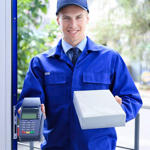 Courier holding 10x13 white poly mailers 200 pack self sealing shipping envelopes for small biz, wearing blue uniform.