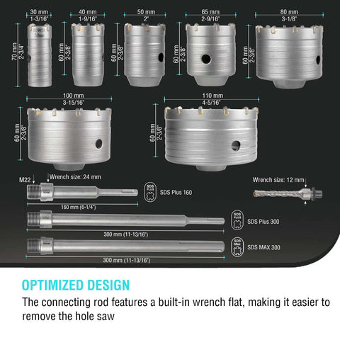 Image of Badass 20 Piece Concrete Hole Saw Kit With Heavy Duty Sds Plus And Sds Max Shanks For Rotary Hammers showing various sizes from 30mm to 110mm.