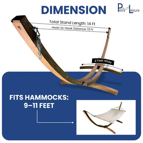 14 Ft Wooden Arc Hammock Stand With 450 Lb Capacity In Teak Stain Finish Built From European Larch Wood, dimensions and use.
