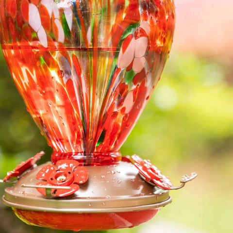 34 Oz Hand Blown Glass Hummingbird Feeder With Ant Moat For Outdoors Hanging And Leakproof Metal Base With Safe Ports Floral Balloon Style