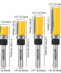 Top Shelf Pattern Flush Trim Router Bits Set Featuring Dead Nut Tight Carbide Cutters And Smooth Riding Bearings For Zero Tear Out Custom Woodworking Projects, showing five router bits with sizes and specifications.