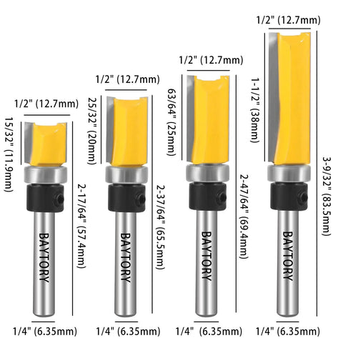 Top Shelf Pattern Flush Trim Router Bits Set Featuring Dead Nut Tight Carbide Cutters And Smooth Riding Bearings For Zero Tear Out Custom Woodworking Projects, showing five router bits with sizes and specifications.