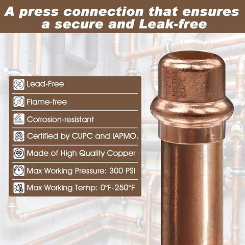 Half Inch Copper End Cap Set Zero Lead 1/2 Inch Copper Press Cap End Plug For Plumbing 5/8 Inch OD Use With Hydraulic Press Fitting Tool 12 Pack CUPC Certified For Leak Free Pro And DIY Plumbing Projects, features highlighted