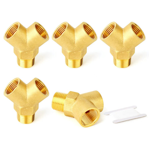 5 Pack Brass Pipe Fitting Tee Y Adapter Three Eighths Inch NPT Female To Three Eighths Inch NPT Female To Three Eighths Inch NPT Male