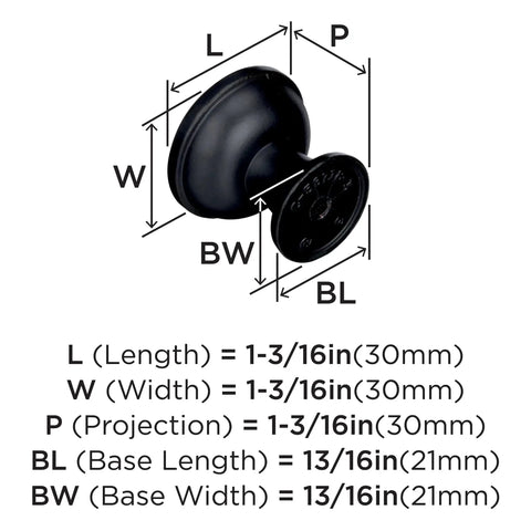 Kick Your Cabinetry Up A Notch With This Slick 1 3/16 Inch Round Cabinet Knob In Premium Black Bronze Finish showing dimensions.