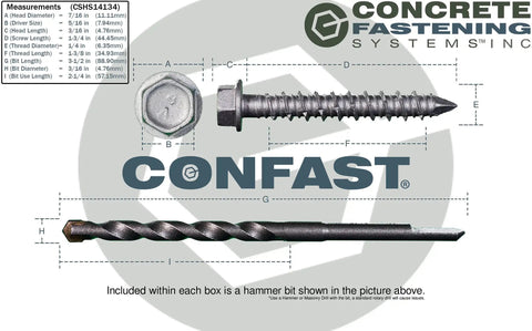 Image of 1/4 In X 1-3/4 In Concrete Screws With 410 Stainless Steel Hex Drive, Self-Tapping Masonry Screws, drill bit included.