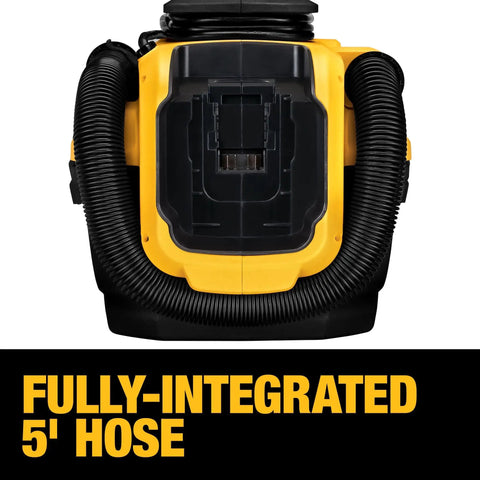 Back view of Go-To 20V Max Cordless and Corded Wet Dry Vacuum with 2 Gallon Tank, integrated 5' hose in focus, black and yellow design.
