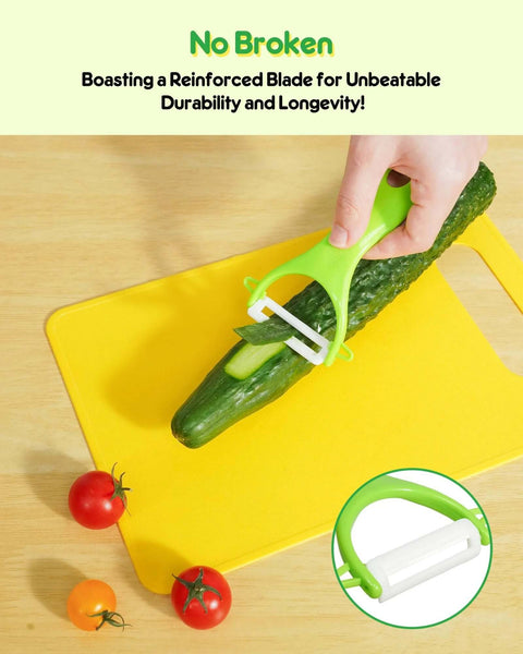 Kids kitchen peeler with bright green handle and white blade peeling cucumber on yellow cutting board