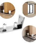Stainless Steel Barn Door Floor Guide With Adjustable Ball Bearing Bottom Guide Wall Mount For Smooth Sliding Non Scratch Heavy Duty Sliding Door Hardware For Interior And Exterior Use, showing installation with door track.