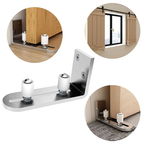 Stainless Steel Barn Door Floor Guide With Adjustable Ball Bearing Bottom Guide Wall Mount For Smooth Sliding Non Scratch Heavy Duty Sliding Door Hardware For Interior And Exterior Use, showing installation with door track.