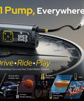 Portable Tire Inflator With Gauge 150 PSI Fast Car Bike Ball Pump showing LED display and flexible hose
