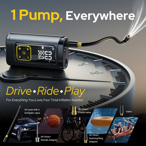 Portable Tire Inflator With Gauge 150 PSI Fast Car Bike Ball Pump showing LED display and flexible hose