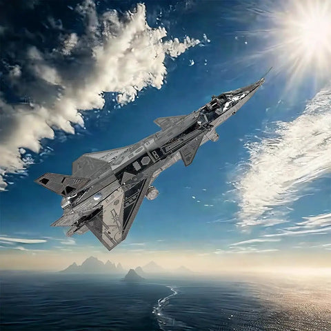 Advanced Dope 3D Metal Puzzle Kit For Adults, Fighter Jet Model J20 flying in dramatic sky, stainless steel, high difficulty.