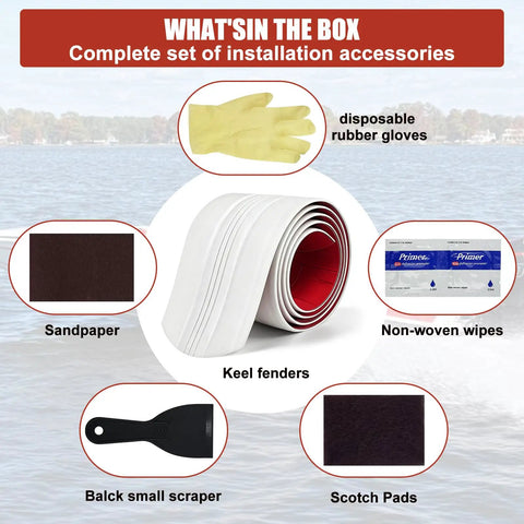 Installation accessories for Heavy Duty Boat Keel Guard including rubber gloves, sandpaper, wipes, scraper, and scotch pads.