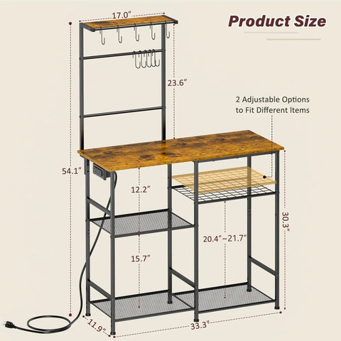 Baker's Rack With Power Outlet For Kitchen Organization No Brainer showing dimensions and adjustable shelves, rustic brown finish.