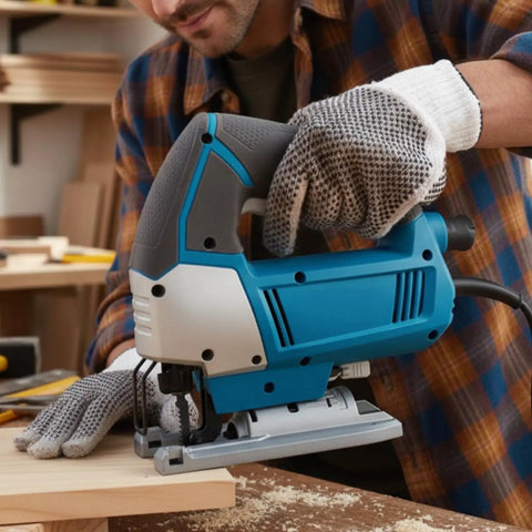 Person using a jigsaw with Rock Solid T Shank Jigsaw Blades Beefy High Carbon Steel Jig Saw Replacements for cutting wood.