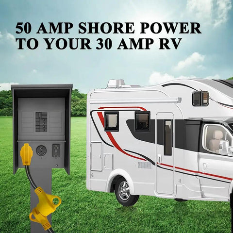 RV Power Adapter 50 Amp Male To 30 Amp Female Cable 12 Inch 10 3 STW NEMA 14 50P To TT 30R connecting to RV
