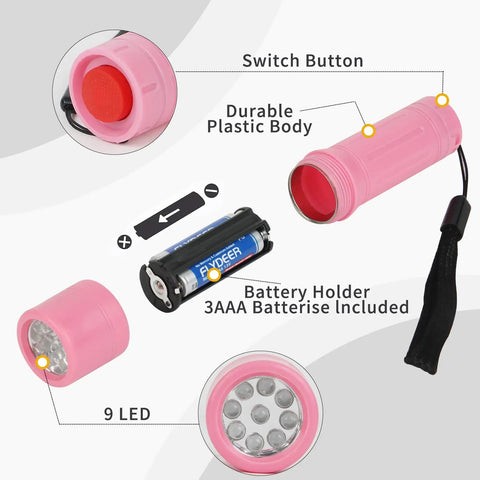 Pink Pocket Size 9 LED Mini Flashlight Pack Six With Lanyards Multicolor Beams And 18 AAA Batteries Included A Handy Grab And Go