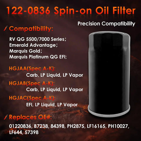 Oil Filter Replacement For RV QG 5500 7000 Series Spin On Replaces 01220836 B7238 PH2875 PH10027 shown with compatibility info