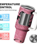 Totally Sick Halloween Scary Mask Tumbler With Lid And Straw 40 Oz Insulated Travel Cup showing pink glitter design and temperature control.