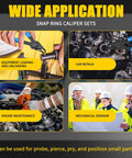 Image showing various applications of the 12-Piece Snap Ring Pliers Set For Internal And External Retaining Rings in equipment loading, car repair, engine maintenance, and seminars.