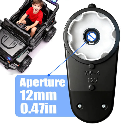 WW-4 12V RS390 Motor Gearbox Upgrade Kit showing 12mm aperture, with a kid driving a ride-on toy car in the background.