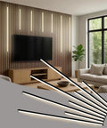 Eight Pack 3000K LED Lights For Wood Slat Walls And WPC Panels Self Adhesive in modern living room setup