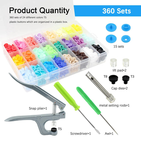 Complete Snap Button Kit With Pliers And Tools 360 T5 Plastic Snap Buttons In 24 Colors For Sewing Crafting