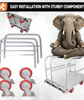 Beefy Heavy Duty Platform Cart With 2500 Lbs Capacity And 4 Swivel Casters shown disassembled next to an elephant illustration.