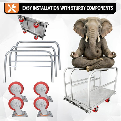 Beefy Heavy Duty Platform Cart With 2500 Lbs Capacity And 4 Swivel Casters shown disassembled next to an elephant illustration.