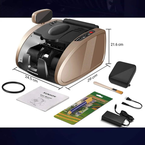 Portable Cash Counter With UV MG IR Counterfeit Detection and accessories, gold finish, dimensions labeled, for small biz use
