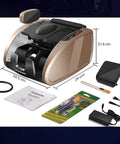 Portable Cash Counter With UV MG IR Counterfeit Detection, 9 Counting Modes, Dual LCD, gold unit with accessories displayed.