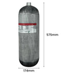 Go-To 4500 Psi Scuba Tank With 9L Carbon Fiber Construction, dimensions 575mm height by 174mm width visible