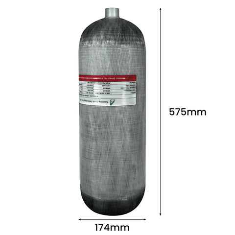 Go-To 4500 Psi Scuba Tank With 9L Carbon Fiber Construction, dimensions 575mm height by 174mm width visible