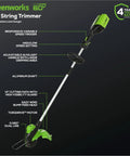 No Hassle 60V Cordless String Trimmer And 540 CFM Air Blower Yard Work Combo Set Featuring 13 Inch Dual Line Bump Head Battery Charger Included, showcasing 13" string trimmer with aluminum shaft and adjustable handle.